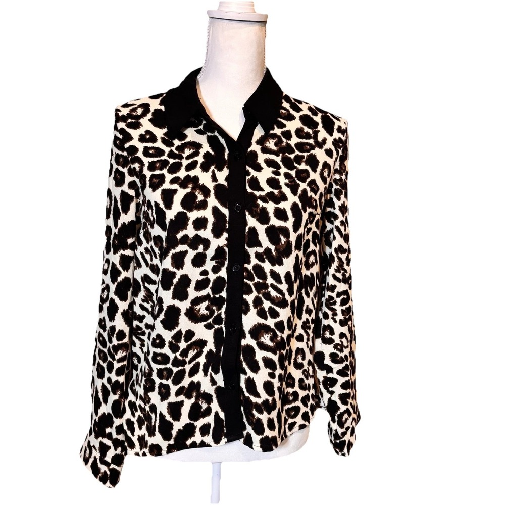 Tulle Los Angeles Small Leopard Print Button Down Blouse Black Collar NWT
